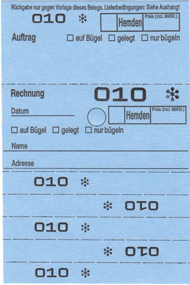 Annahmeblock OHD für Hemden / 9 verschiedene Farben