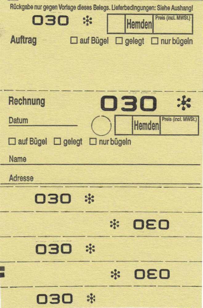 Annahmeblock OHD für Hemden / 9 verschiedene Farben