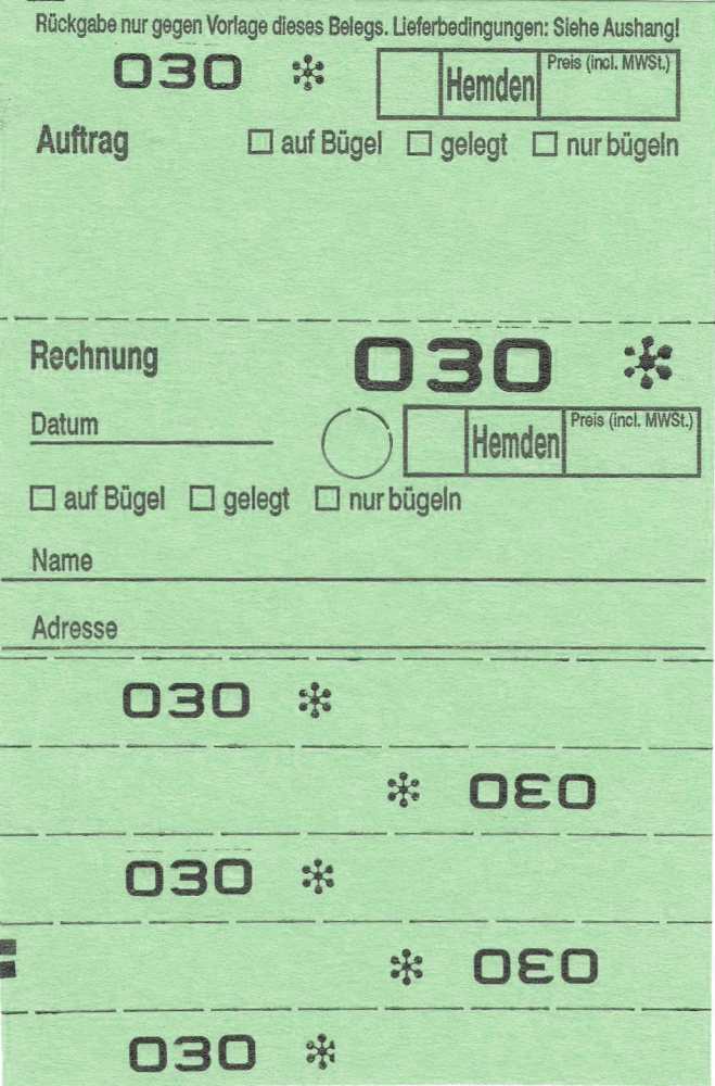 Annahmeblock OHD für Hemden / 9 verschiedene Farben