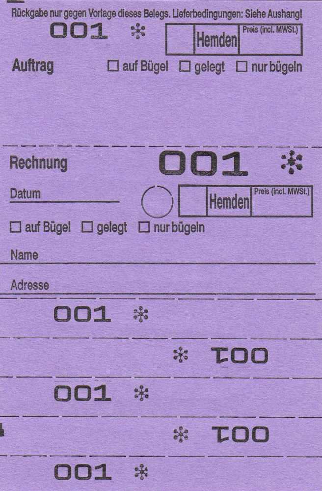 Annahmeblock OHD für Hemden / 9 verschiedene Farben