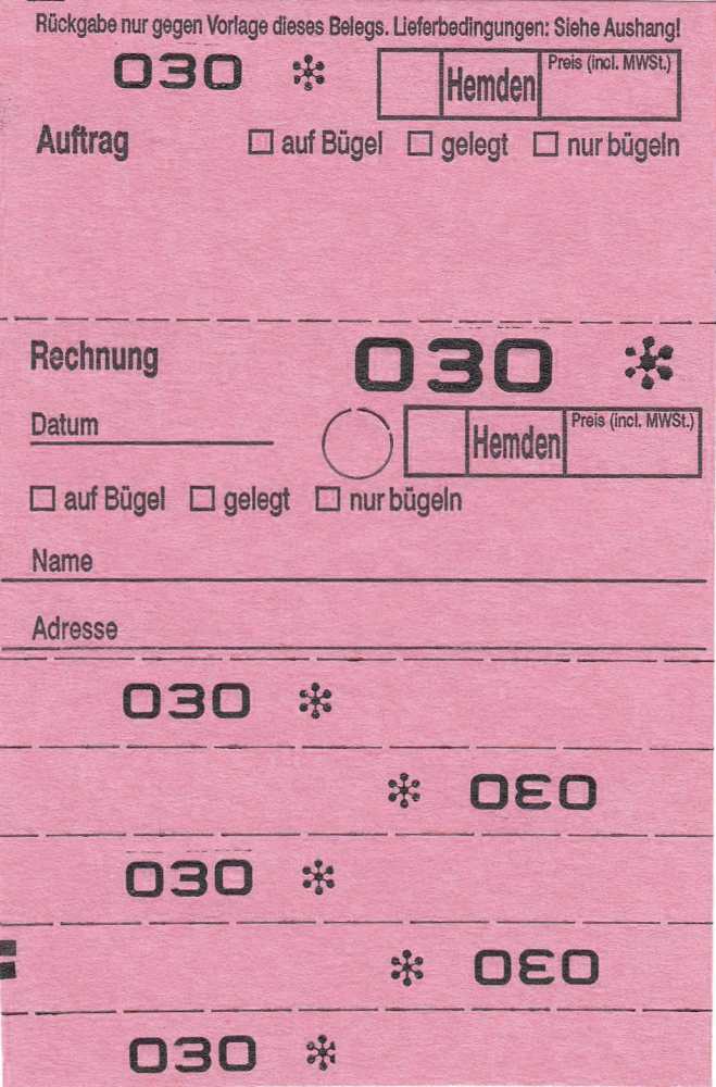 Annahmeblock OHD für Hemden / 9 verschiedene Farben