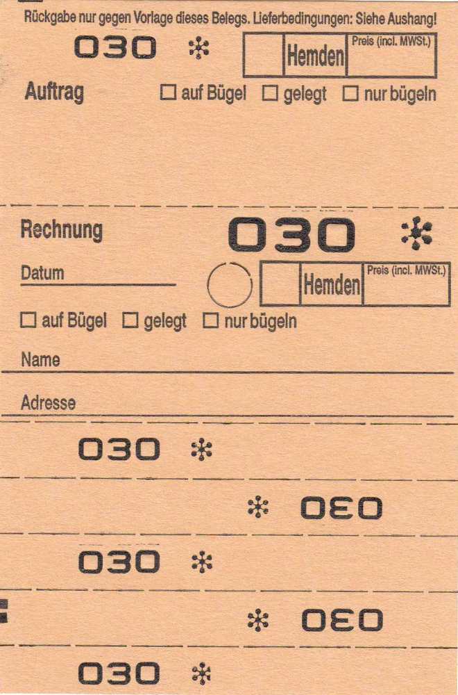 Annahmeblock OHD für Hemden / 9 verschiedene Farben