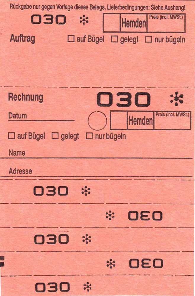 Annahmeblock OHD für Hemden / 9 verschiedene Farben