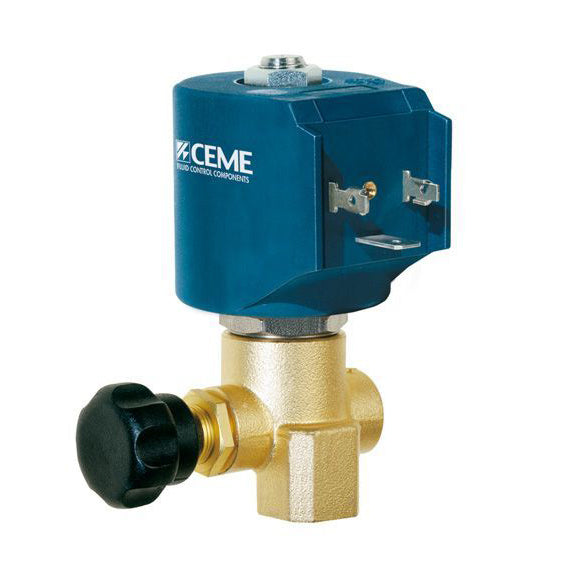 CEME solenoid valve 9934, 1/4", Ø 2.8 mm, 25 bar, 230 V, with plug and control knob